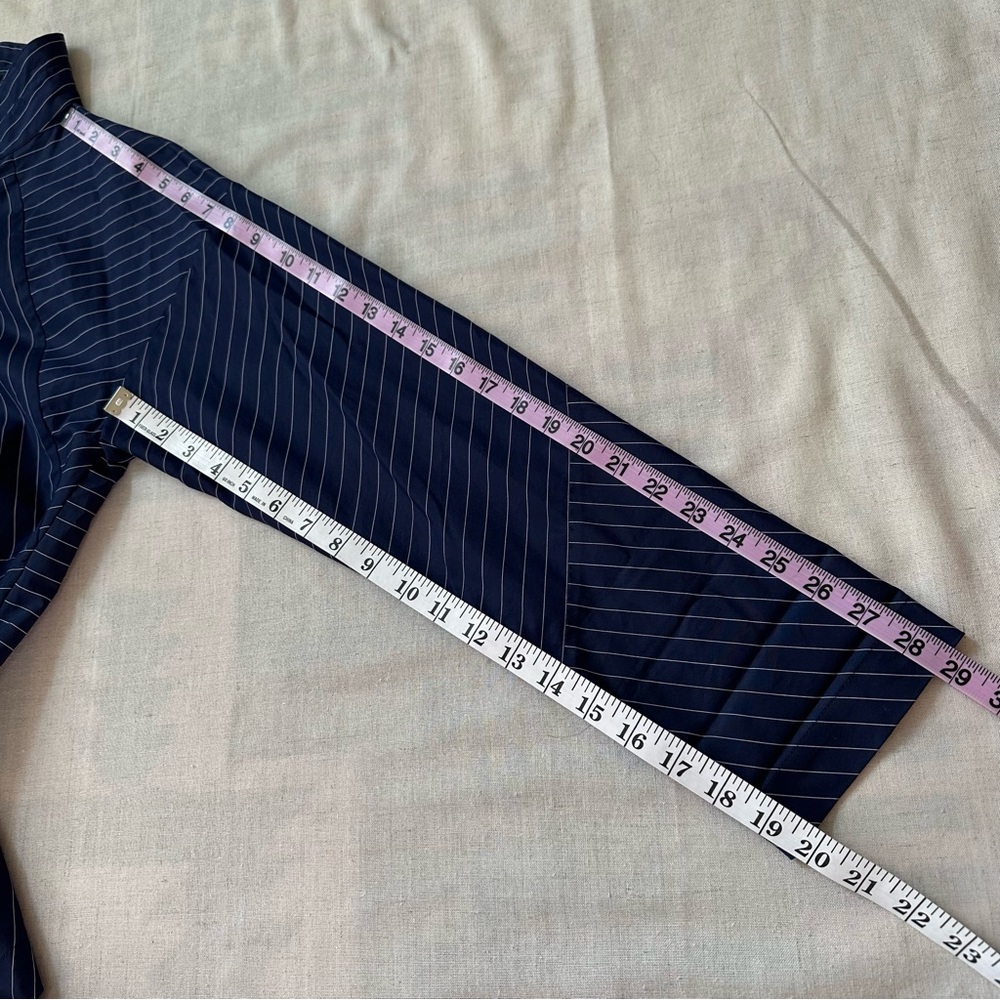 Eskandar Double Stand Collar Botton Shirt Navy Stripe Patchwork Cotton Luxury - Picture 12 of 13